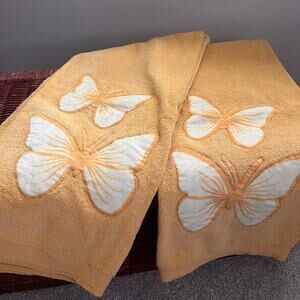Vintage Sears Colormate Butterfly Bath Towel Set 70's Butterfly Golden